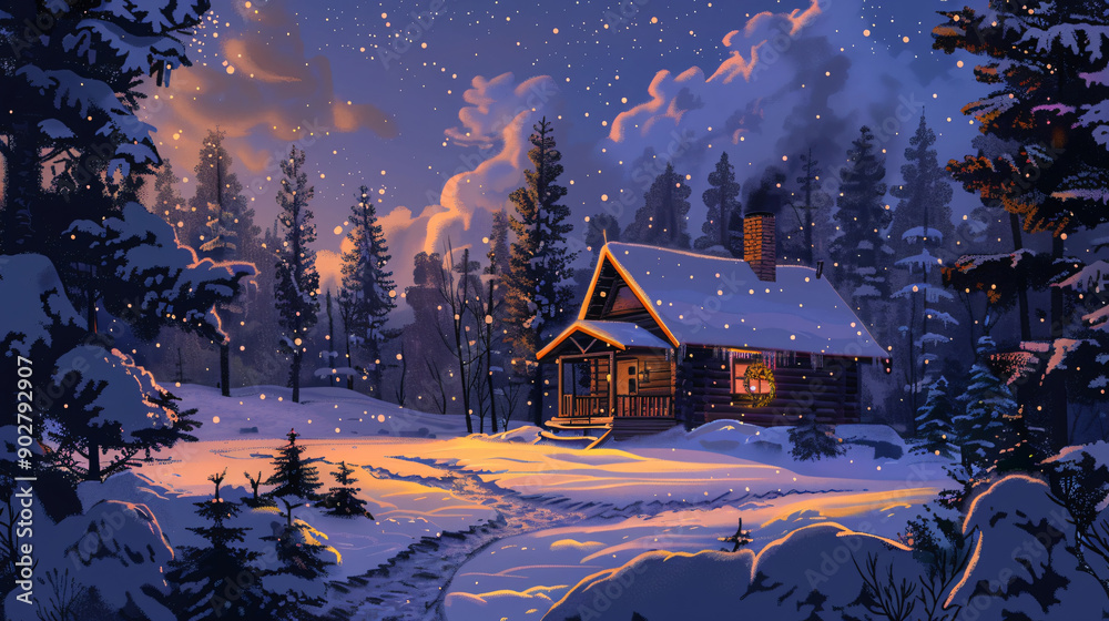Poster twilight snowfall on a rustic log cabin in the forest
