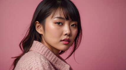 A young woman with a thoughtful expression poses against a soft pink background, showcasing natural beauty and simplicity.
