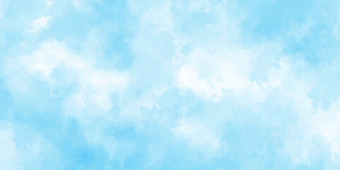 blue sky with clouds. Light sky blue shades watercolor background. Sky Nature Landscape Background. sky background with white fluffy clouds.><	