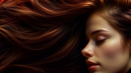 Portrait of a beautiful young woman with flowing lush brown hair, slow motion