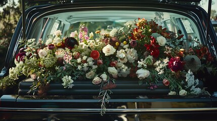 Flowers atop a casket on display within a hearse at a funeral