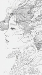 Portrait of a young Asian woman in profile, the drawing is made with thin black lines.