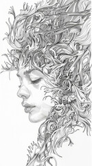 A large profile portrait of a girl with plump lips and closed eyes, drawing with black lines on a white background. The girl's hairstyle looks like a whirlwind of natural elements.