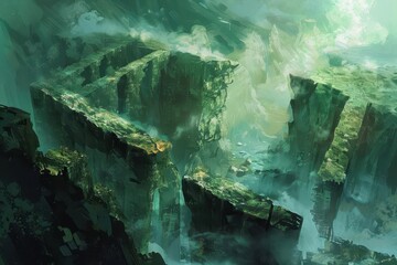 Ancient stone ruins overgrown with moss in a misty valley