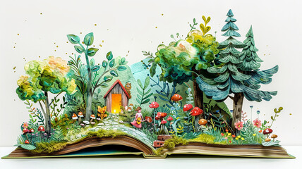 An open magic fairy tale book with a house in the forest