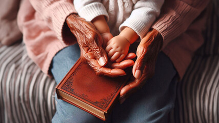 Fototapeta premium Elderly woman's hand holding baby's hand while they hold book together, close up