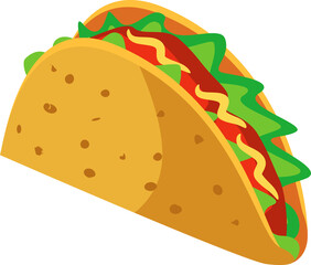 illustration of Traditional mexican fast food taco with meat and vegetables, lettuce, diced tomato and onion stuffing