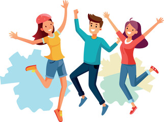 Three happy friends jumping together with arms raised