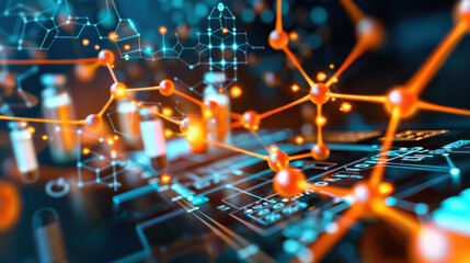 Abstract representation of molecular structures and scientific elements with vibrant color contrasts and technological aesthetics for research and innovation themes