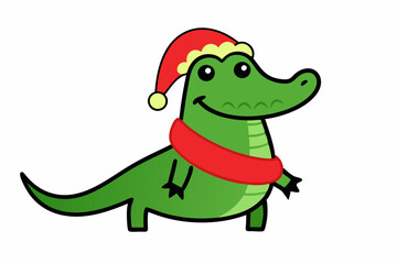 Vector Line Art of Christmas Cute Alligator with Santa Claus Hat and Scarf on White Background