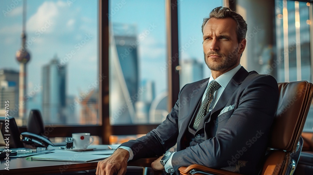 Wall mural Executive Confidence with a View: A sharply dressed businessman exudes authority in his high-rise office, the cityscape reflecting his ambition. 