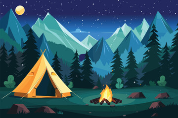 Night camp in a forest with tent, campfire. Landscape view on a campsite in the mountains. Summer outdoor vacation. Camping background cartoon vector illustration.