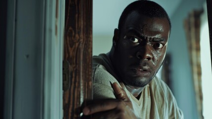 A person looking directly into the camera from behind an open door