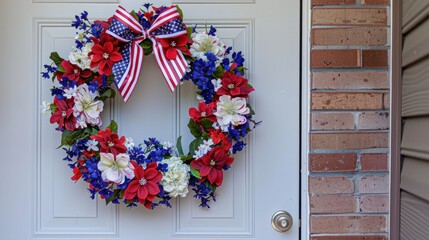 Patriotic Wreath Adorning Front Door for American Holidays