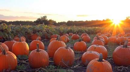 Golden Sunset Over Lush Pumpkin Field in Autumn