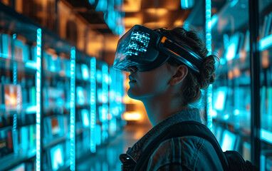 Woman using VR headset in a high-tech library with glowing blue lights and bookshelves