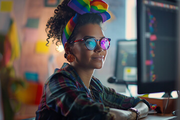 Creative LGBTQ individual in an inclusive workspace, sporting a rainbow headband and glasses, engaged in computer work. 