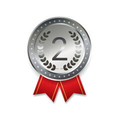 Silver medals with red ribbons second place award isolated vector illustration