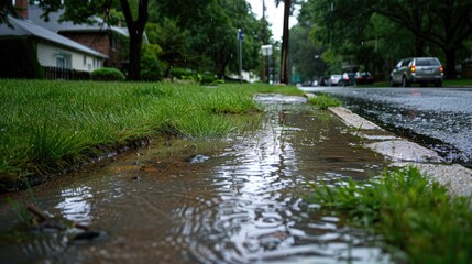 A street with a puddle of water on the sidewalk. The water is reflecting the street lights and the cars