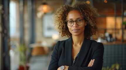 Obraz premium Confident Businesswoman - Portrait of a poised and professional black woman with arms crossed in a modern office setting.