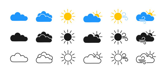 Weather icon. Cloudy, sunny, windy. Linear, flat and silhouette. Vector