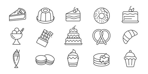 Set of dessert icons. Pie, cake, ice cream pancakes, chocolate. Vector sweet dishes