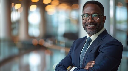Fototapeta premium Confident Businessman: A portrait of a successful, confident African American businessman in a sharp suit, radiating success and leadership. 