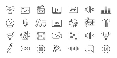 Audio and video icons set. Content line icons set. Music,  television, camera, microphone, earphones, cinema, television. Vector illustration