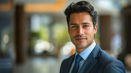 Fototapeta premium A portrait of a confident, well-dressed businessman in a modern office setting. His direct gaze exudes professionalism, ambition, and readiness to tackle the corporate world.