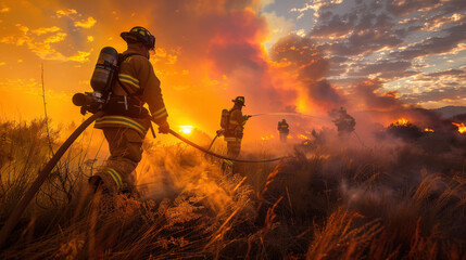 Firefighters combat a massive wildfire with intense flames and smoke, set against a dramatic sunset sky in rugged terrain.