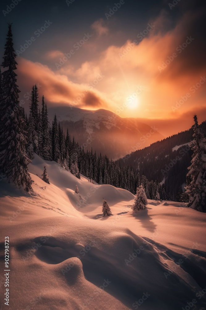 Canvas Prints sunset in snowy mountain generative ai