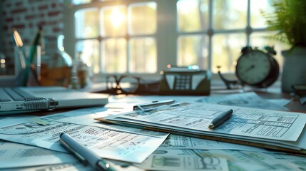 Tax planning, documents with money, 3D illustration, preparation concept, copy space, more clarity with clear light and sharp focus , high detailed ,