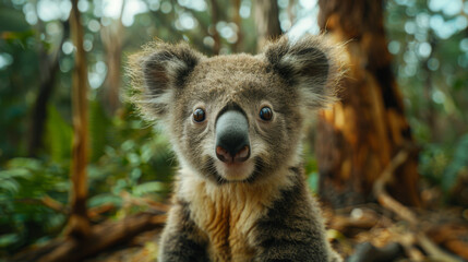 Fototapeta premium Adorable koala with wide eyes staring curiously into the camera, surrounded by a lush, green forest environment.