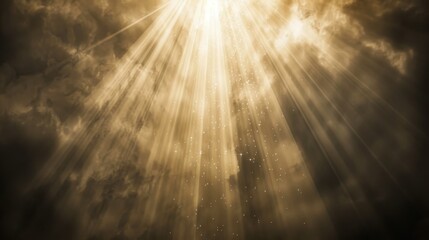 The sun is shining through the clouds, creating a warm and peaceful atmosphere. The light is streaming through the sky, illuminating the clouds and creating a sense of hope and renewal