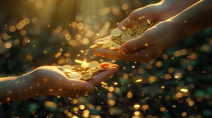 Wealth distribution, hands passing coins, 3D illustration, economic concept, copy space, more clarity with clear light and sharp focus , high detailed ,