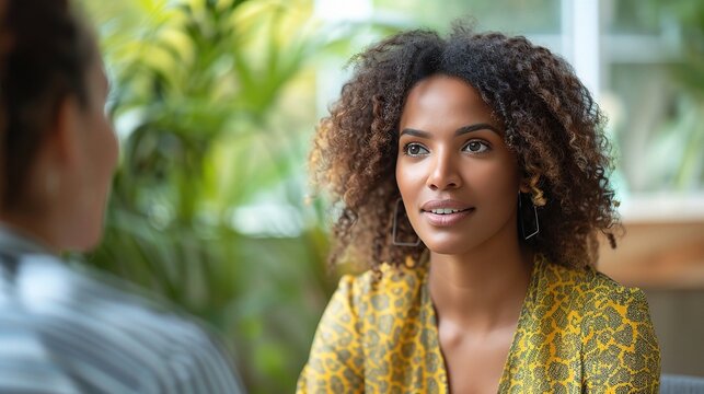 Authentic Connection: A woman with warm brown eyes and a captivating smile engages in a heartfelt conversation, radiating warmth and sincerity. 