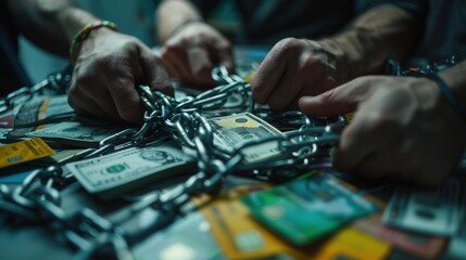 Hands chained to a pile of money and credit cards, symbolizing financial burden and debt.