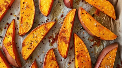 Delicious roasted sweet potato wedges sprinkled with paprika, a nutritious and flavorful side dish perfect for any meal