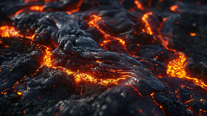 Fototapeta premium Detailed view of molten lava flow during an active volcanic eruption