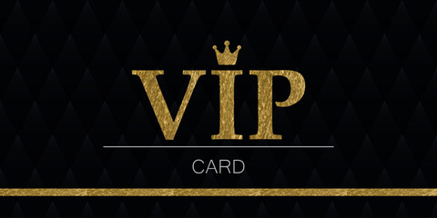VIP Discount card, black background, gold letters, crown