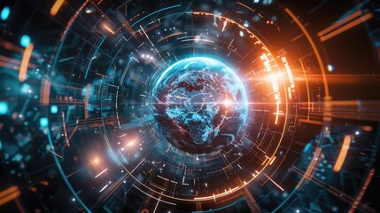 Obraz premium Illuminated Futuristic Globe Design with Interconnected Lines on Dark Background.