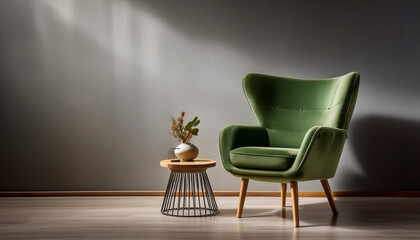 New green chair and small, decorative table standing in interior with grey wall