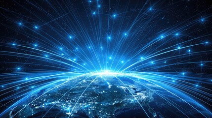 Obraz premium Glowing Globe with Radiating Lines Representing Internet Networks and Immersive Technology