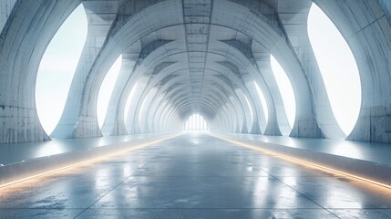 Futuristic minimalist corridor with advanced technology and panoramic window views of mountains
