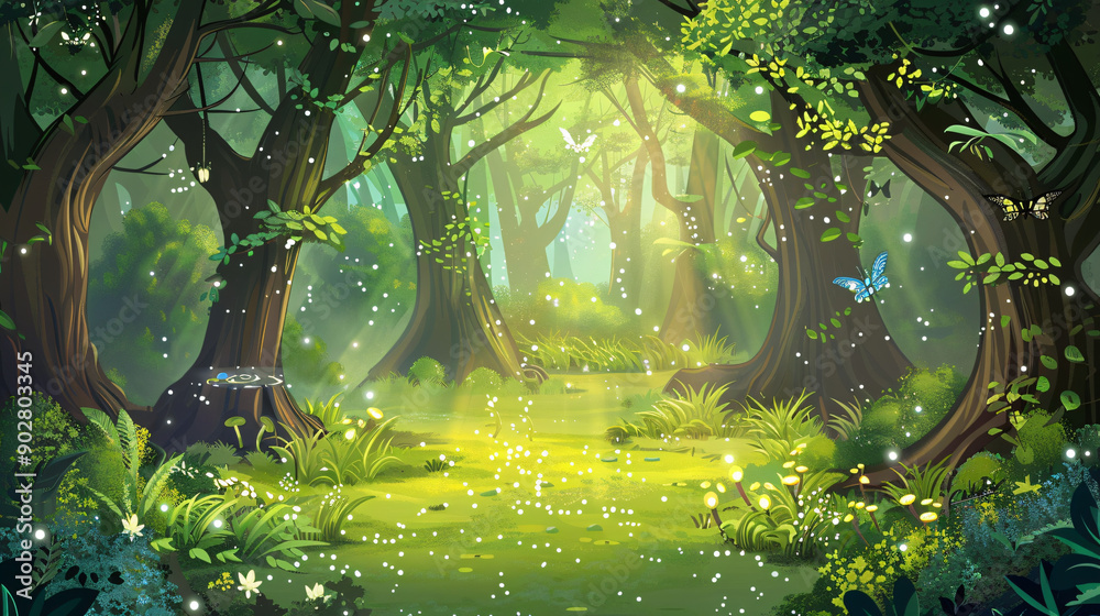 Poster sun shining through lush green trees in magical forest clearing with butterflies flying