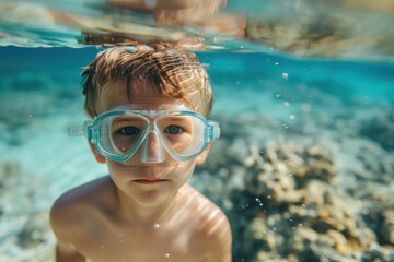 Naklejka premium Close-Up of Cute Little child Wearing Swimming Mask in Clear Blue Water