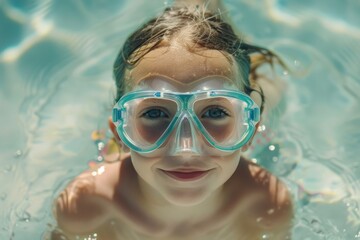Naklejka premium Close-Up of Cute Little child Wearing Swimming Mask in Clear Blue Water