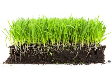Close-Up of Fresh Green Grass Growing on Soil with Roots Visible Isolated on white background