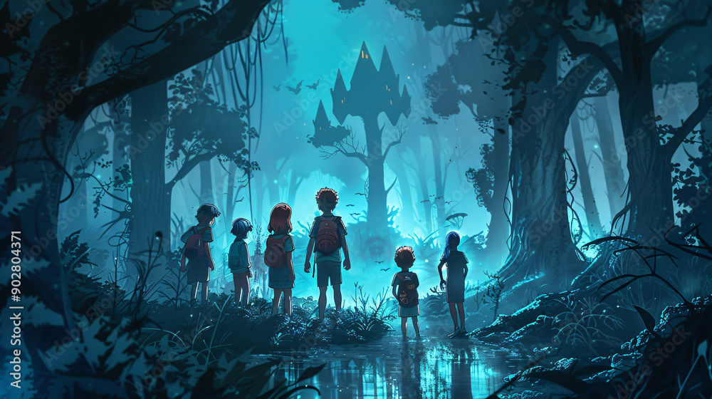 Poster Group of young explorers discovering a mysterious treehouse in a magical forest at night