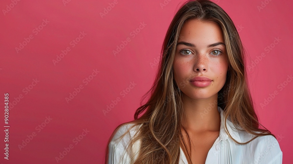 Wall mural Confident and Radiant: A young woman with long, flowing brown hair gazes directly at the camera, radiating confidence and allure against a vibrant pink background. Her captivating eyes and natural bea